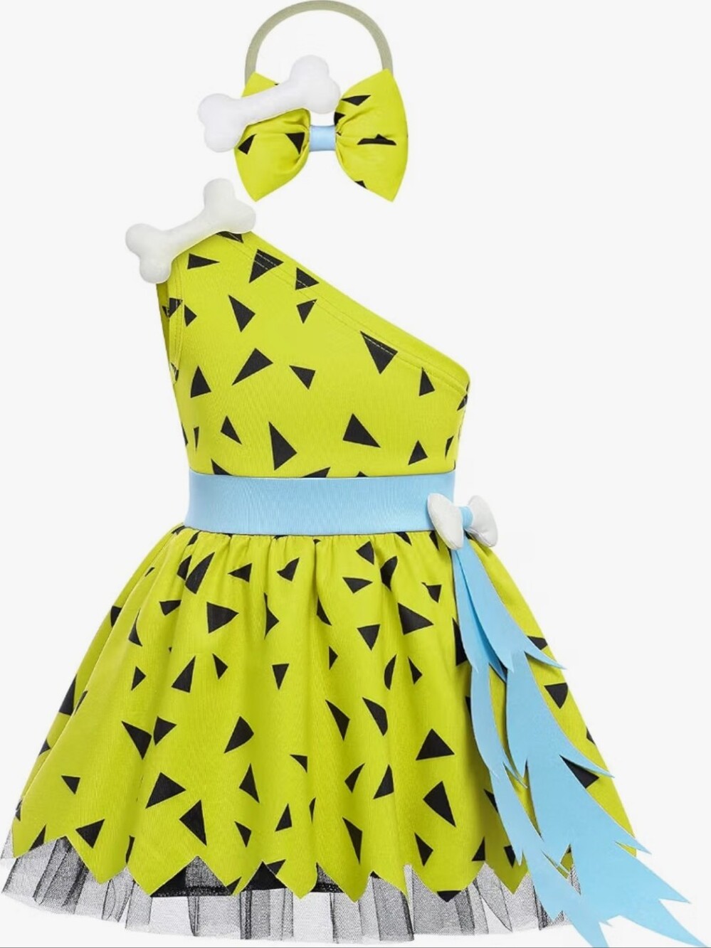 Girls Lime Green One-Shoulder Halloween Costume Dress with Bone Bow Headband